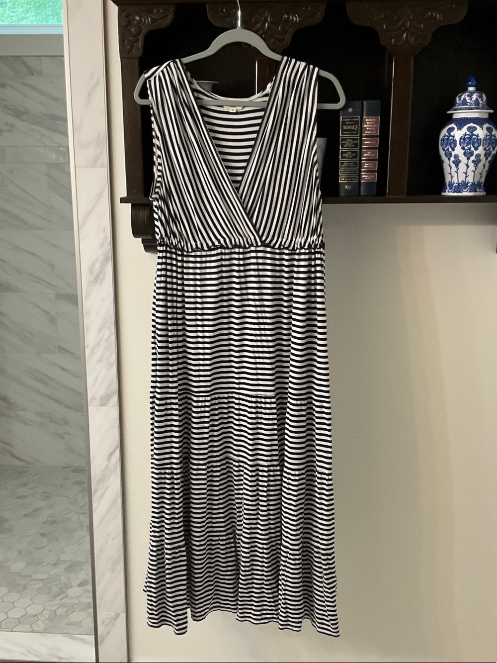 Max Studio Black and White Striped V-Neck Maxi Dress
